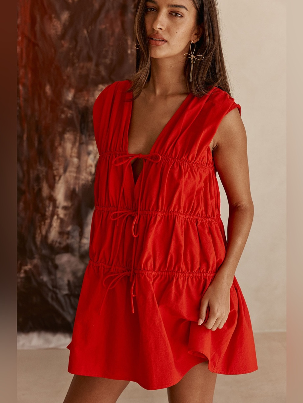 Sabo Skirt Joslin Dress Xxl 2x Red Tie Ruched Mini Cotton Flirty Nwt Sleeveless